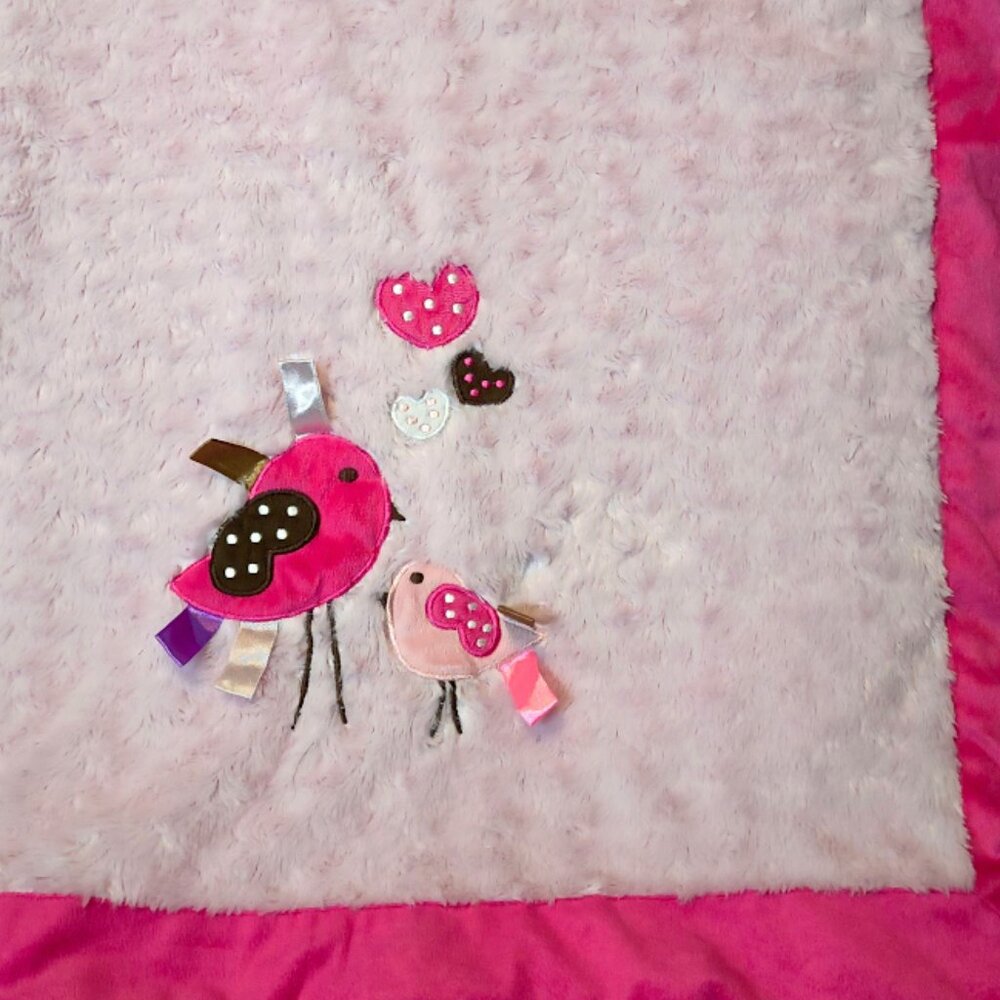 Babe Luxe Birds Hearts Ribbon Tags Swirl Pink Security Lovey Blanket 40" X 30"